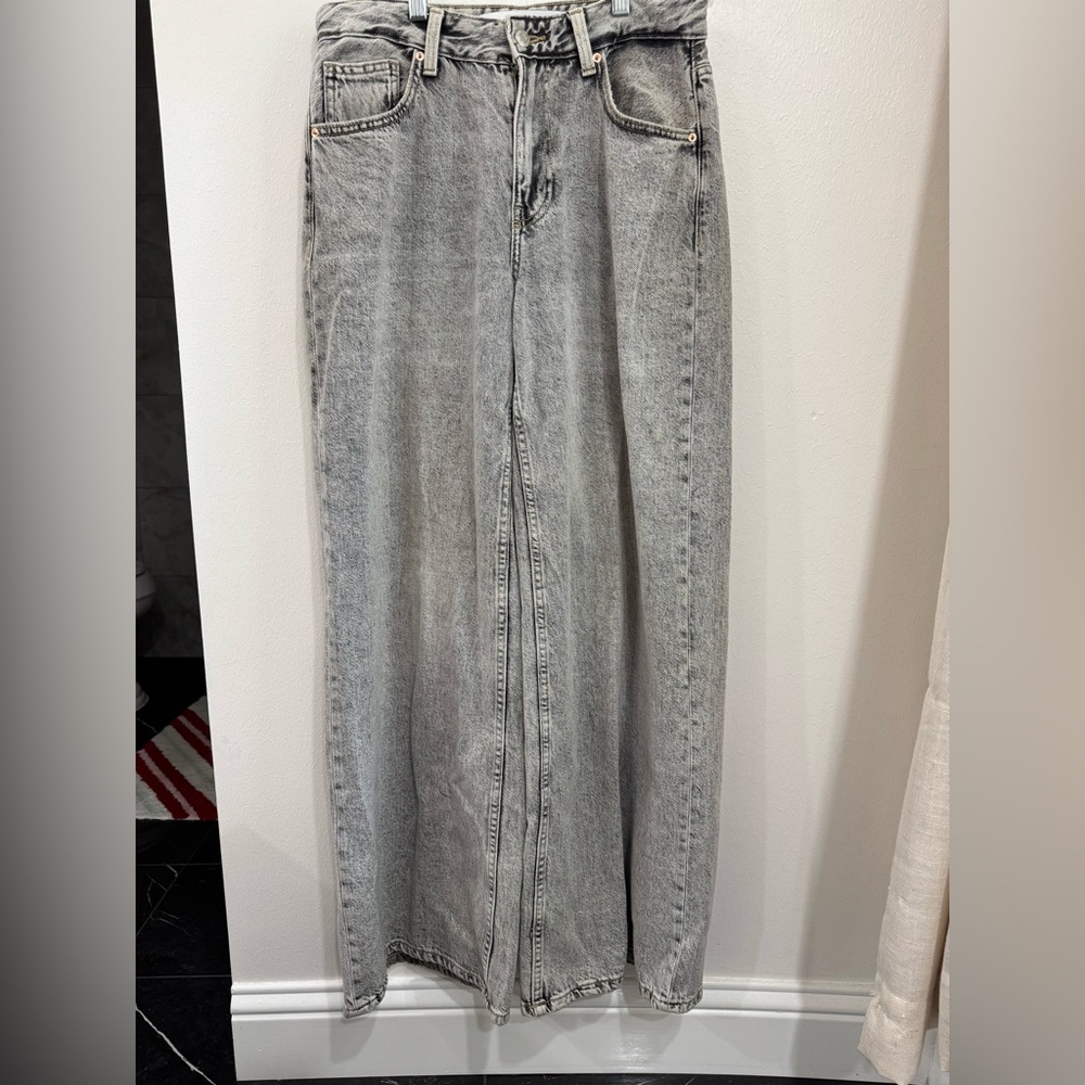🩶 Bershka Y2K Baggy Wide Leg Jeans Gray Acid Wash Size 6